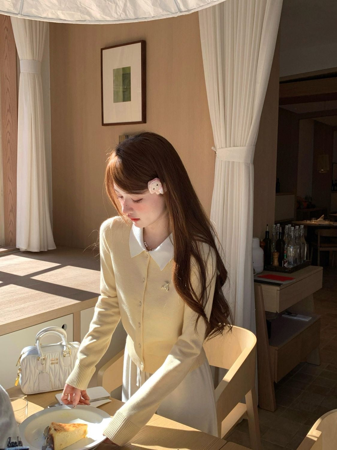 White Collar Yellow Long Sleeve Knitted Top