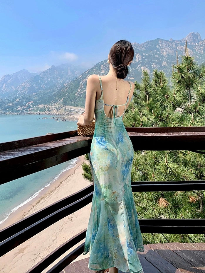 Chiffon Green Long Dress (XS, S, M)