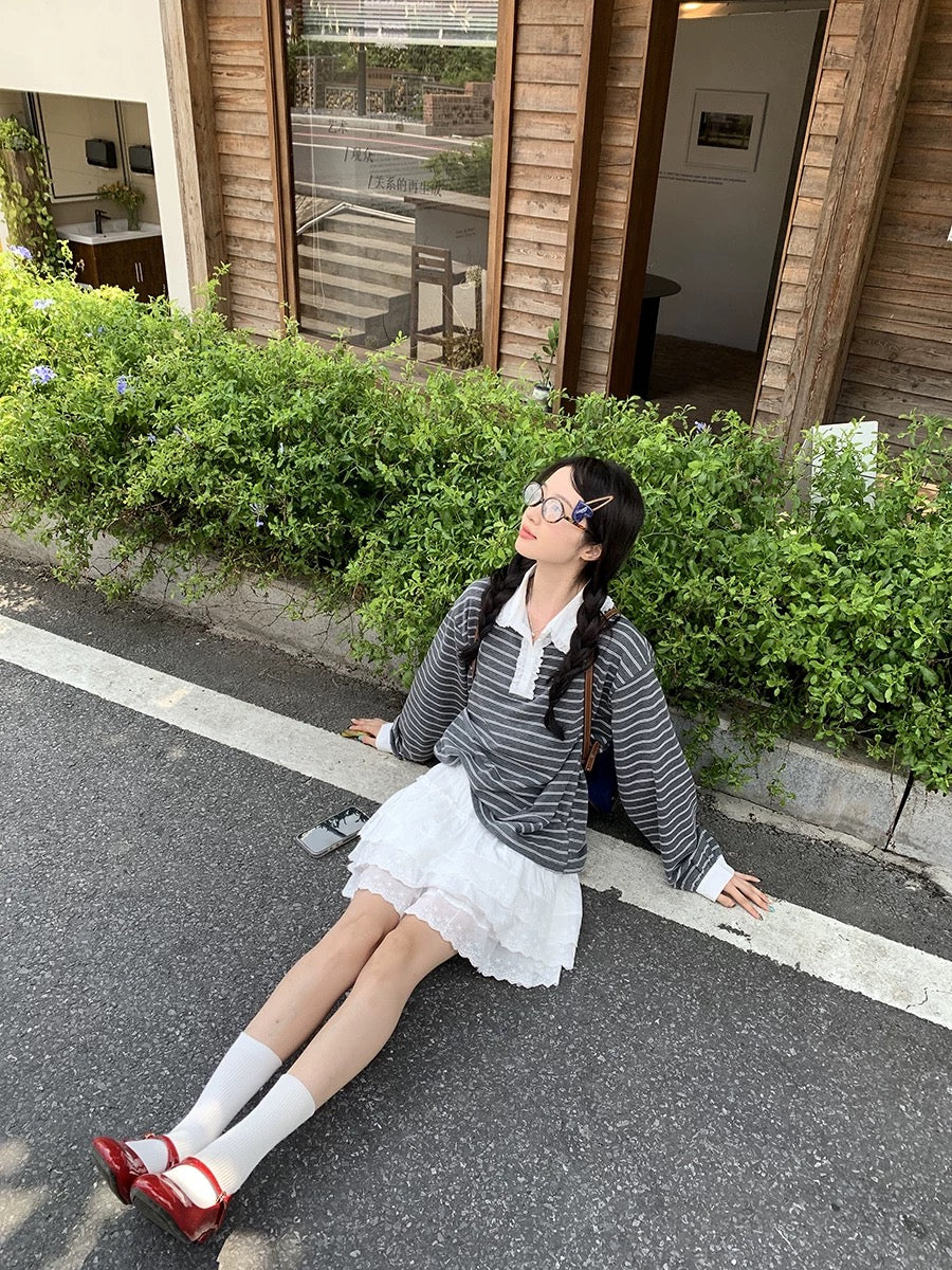 White Collar Stripe Long Sleeve Top