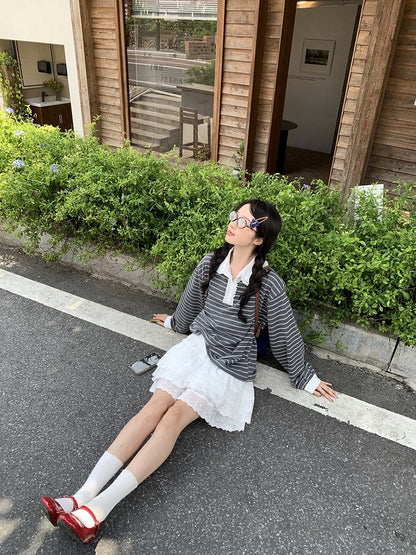 White Collar Stripe Long Sleeve Top