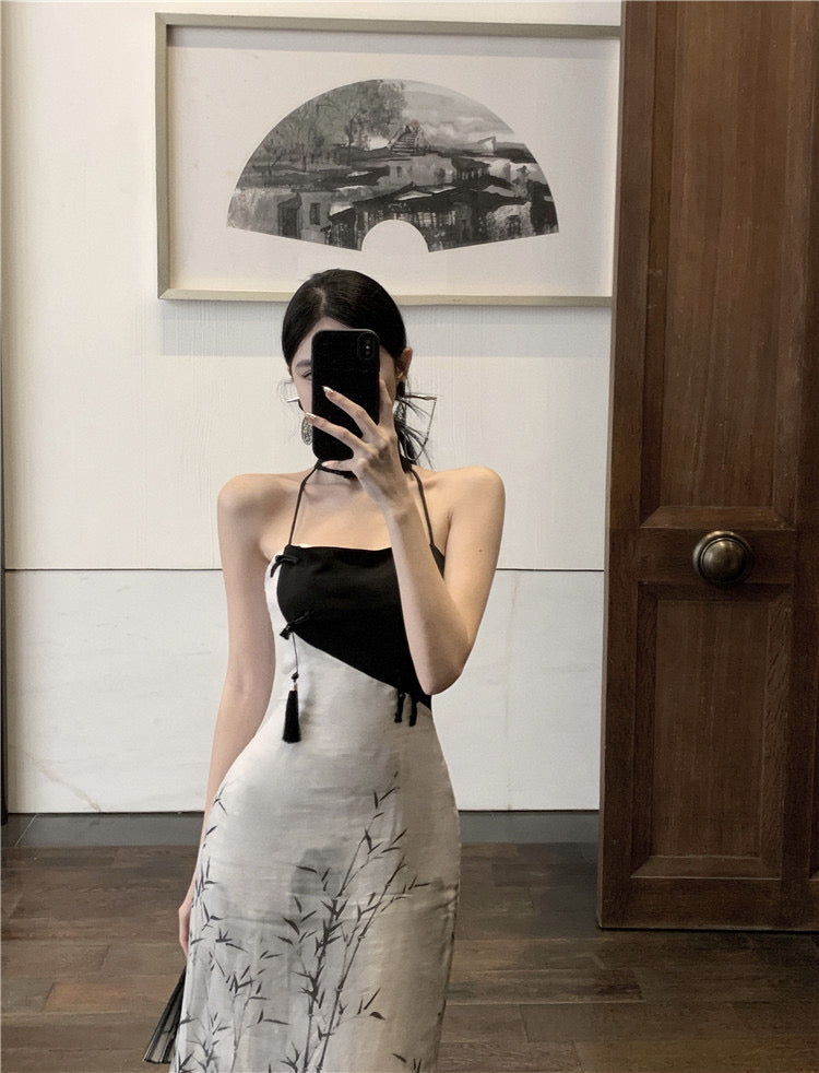 Black &amp; White Cheongsam Long Dress (S, M)