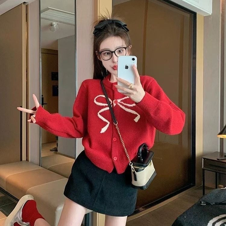 White Ribbon Red Long Sleeve Knitted Top