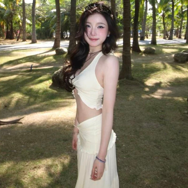 V Collar Top + Long Skirt Two Pieces Set