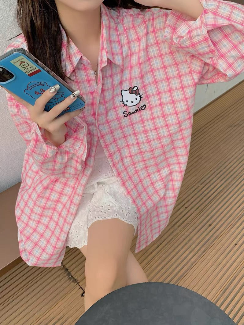 Kittie Ribbon Ginham Long Sleeve Shirt (Blue, Pink)
