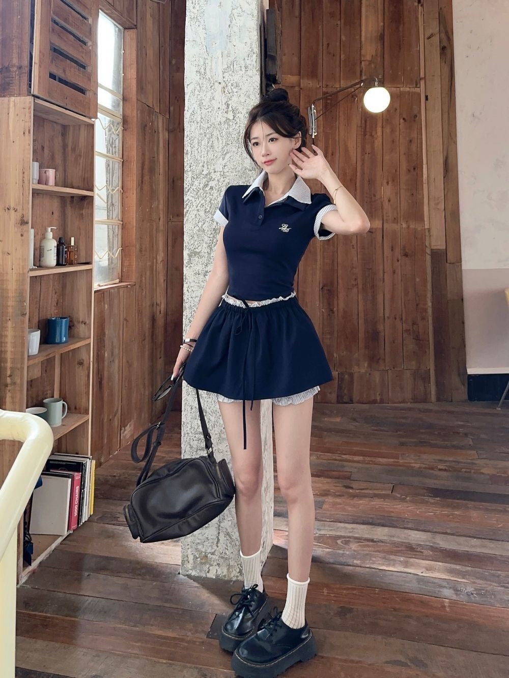 Navy Top + Skirt Two Piece Set (S,M）