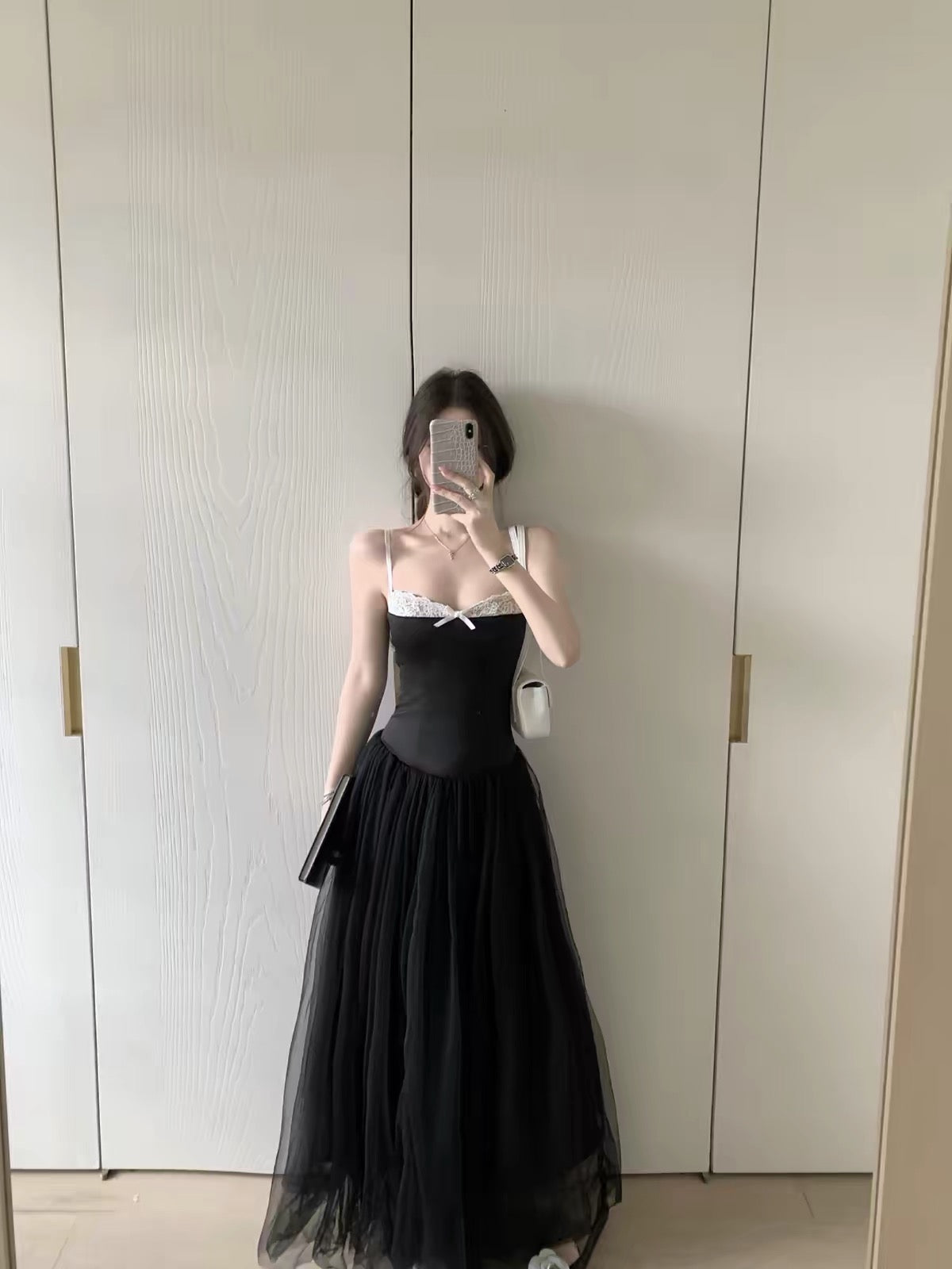 Mix White Laces Black Mesh Maxi Dress (S, M)