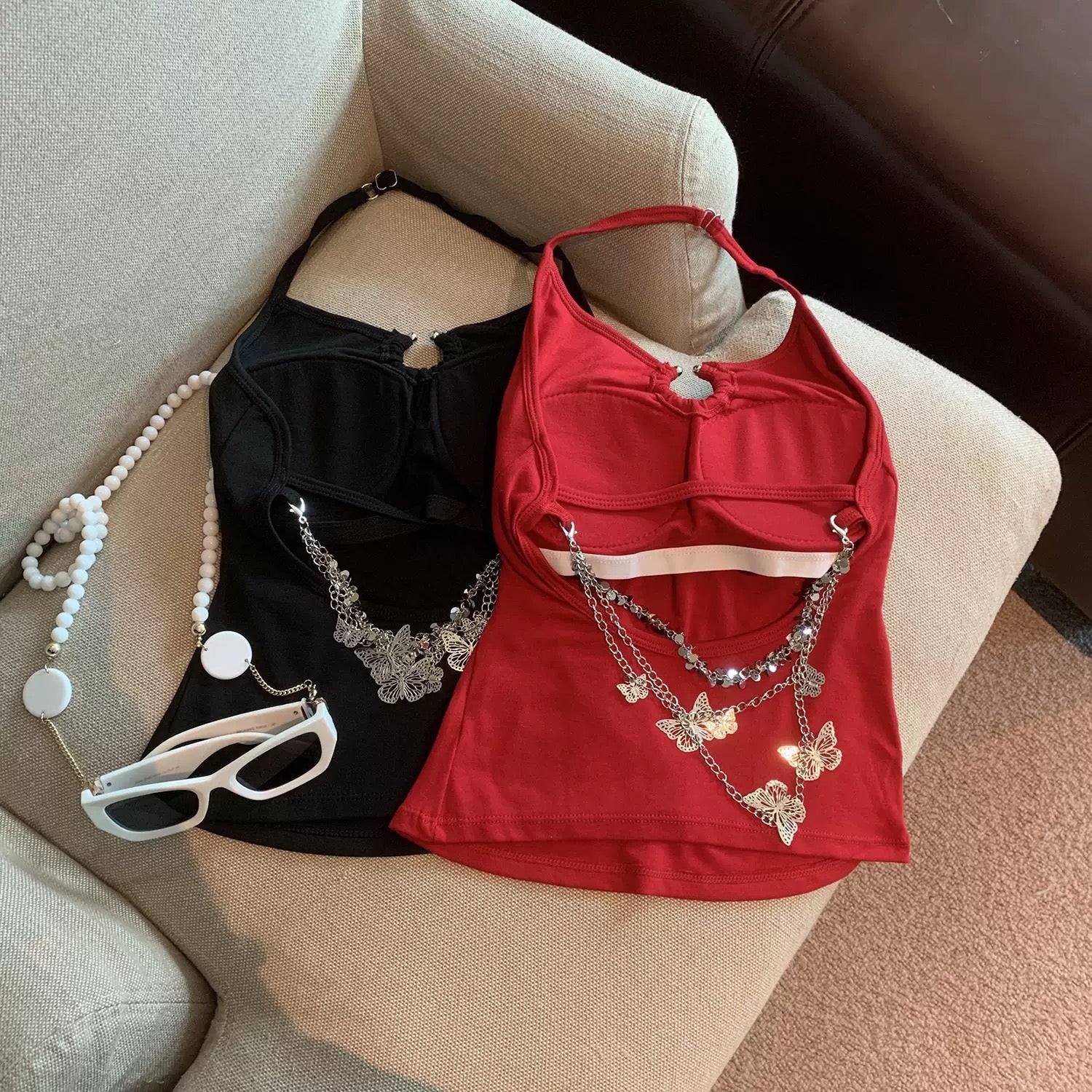 Round Collar Bareback Butterflies Chain Top