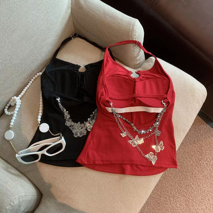 Round Collar Bareback Butterflies Chain Top