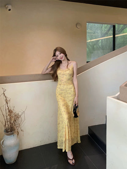 Mini Floral Yellow Mesh Maxi Dress