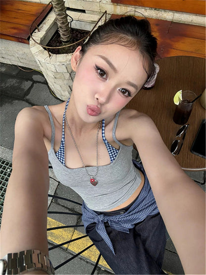Grey Blue Strap Top