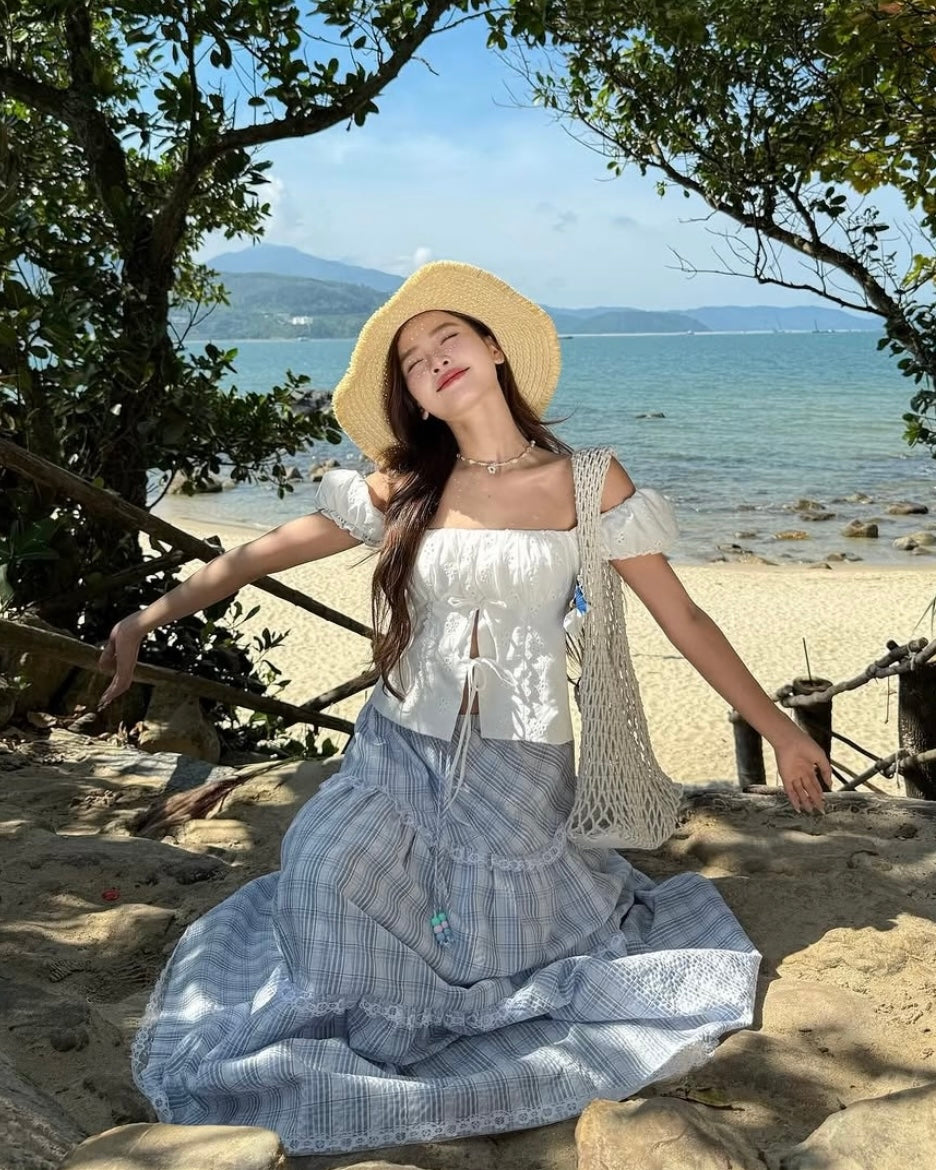 White Top + Blue Long Skirt Two Piece Set