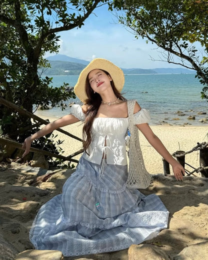 White Top + Blue Long Skirt Two Piece Set