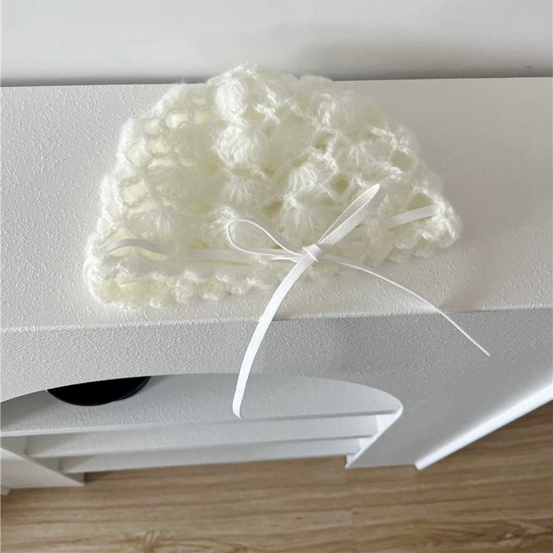 White Ribbon Knitted Embroidery Hat