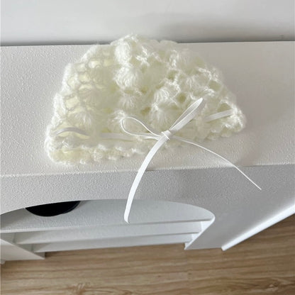 White Ribbon Knitted Embroidery Hat