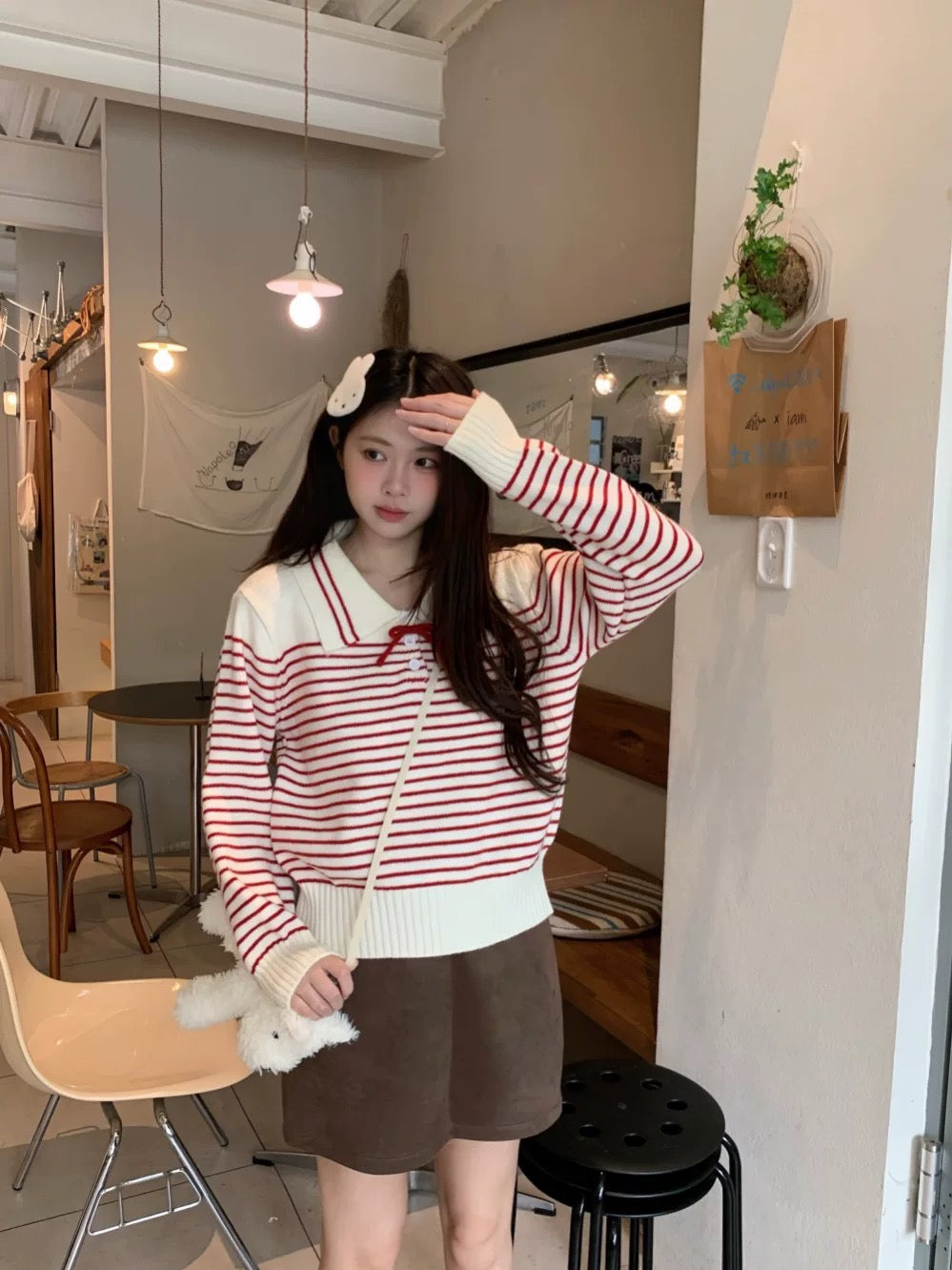 Stripe Long Sleeve Knitted Top (Red, Blue)