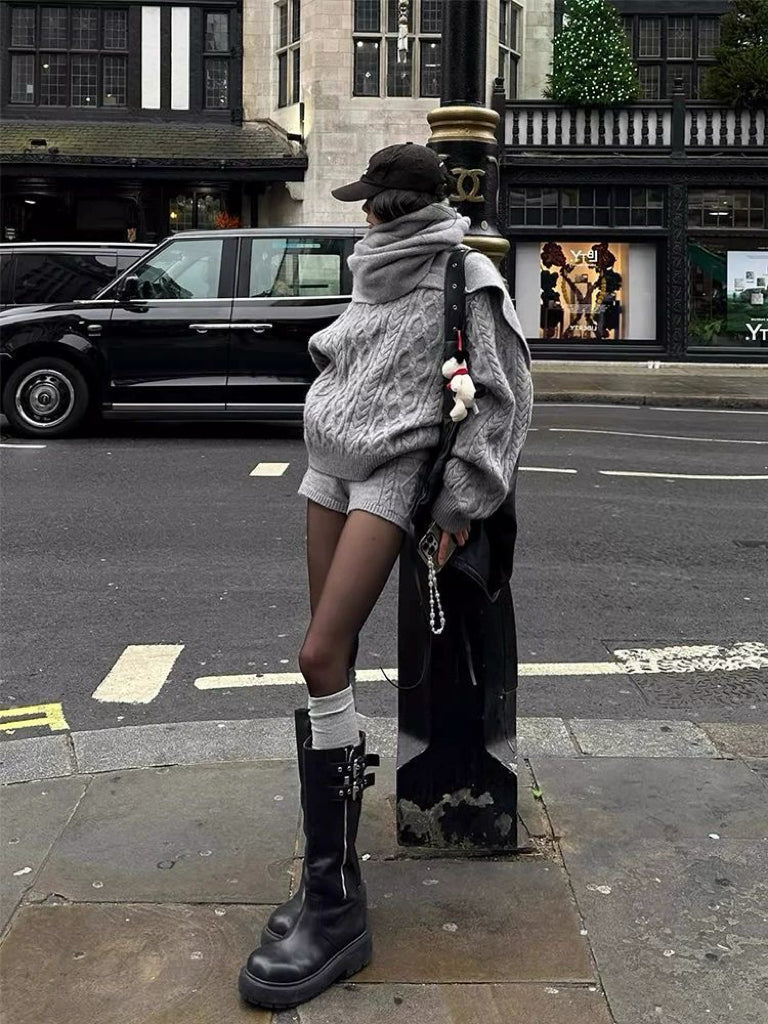 Grey Knitted Top + Shorts + Scarf Three Piece Set