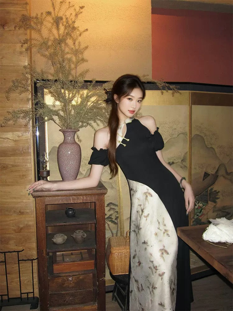 Black Mix Cheongsam CD040 Long Dress (M)