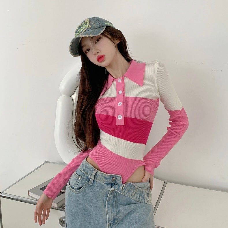 Low Waist Cut Pink Long Sleeve Top