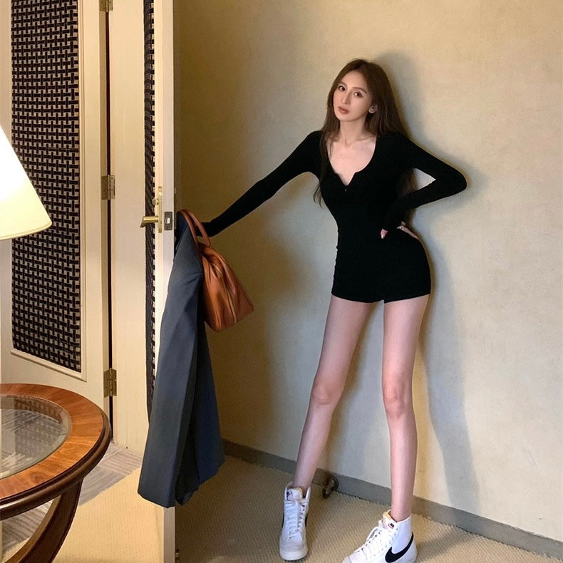 U Collar Long Sleeve Romper (Grey, Black)