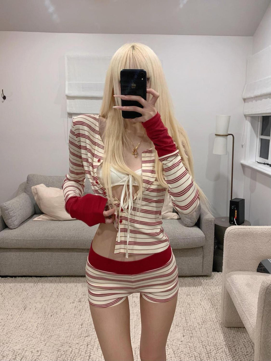 Red Stripe Top + Shorts Two Pieces Set
