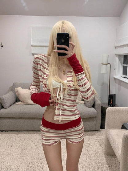 Red Stripe Top + Shorts Two Pieces Set