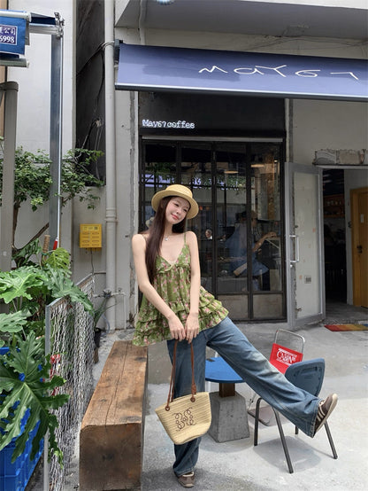 Green V Collar Chiffon Strap Floral Top