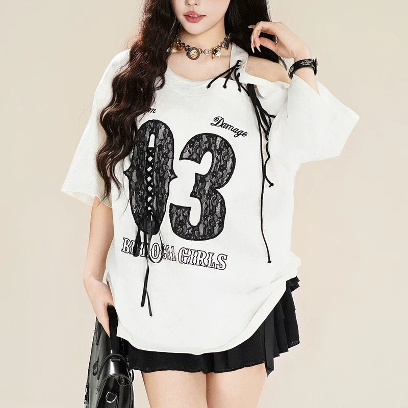 Off Side Shoulder Short Sleeve Ball Tee Top