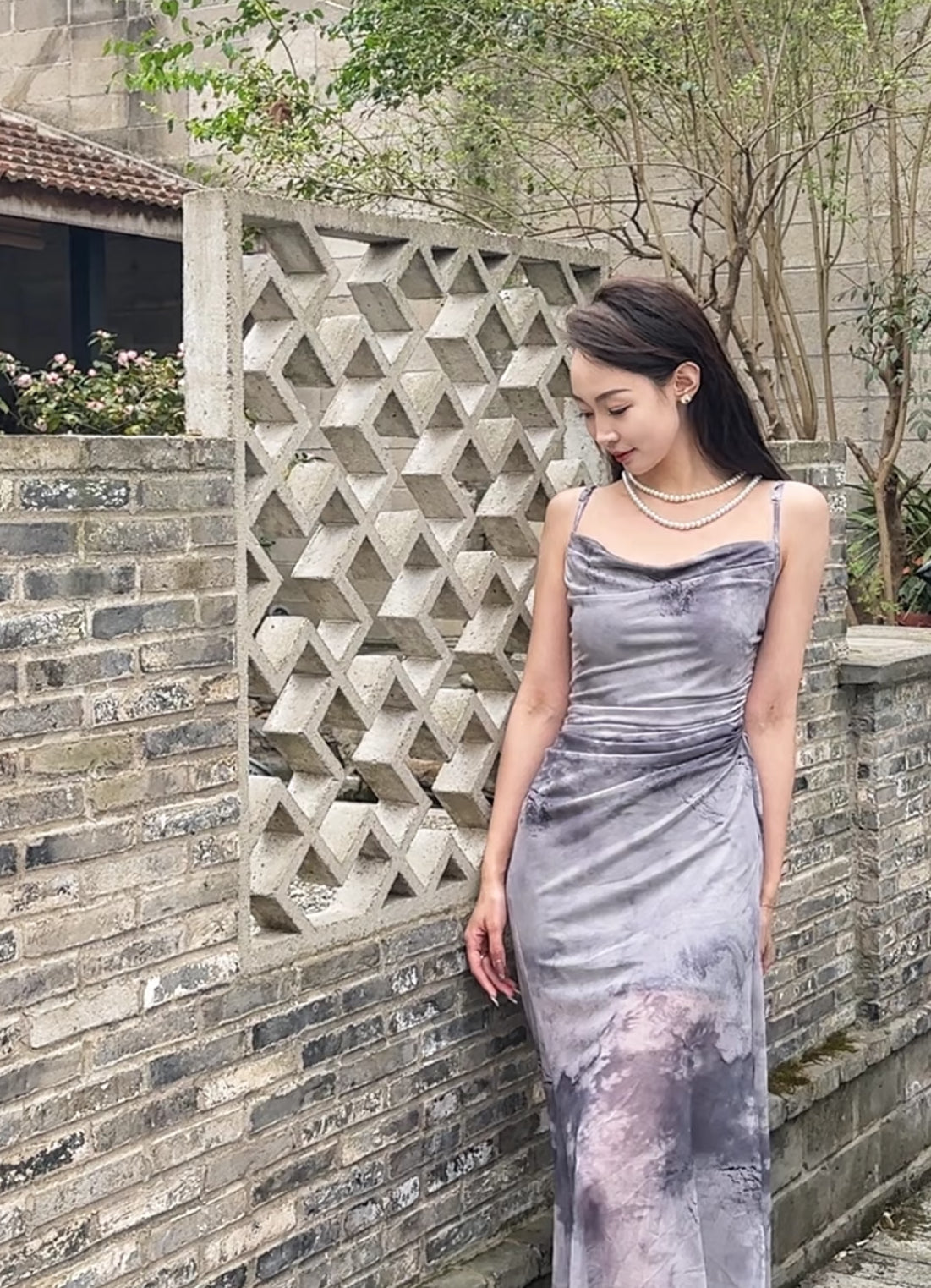 Mesh Side Tie Strap Long Dress (Pink, Blue, Grey)