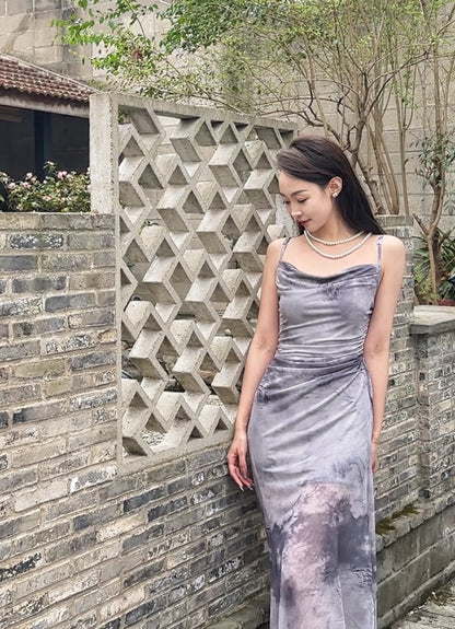 Mesh Side Tie Strap Long Dress (Pink, Blue, Grey)