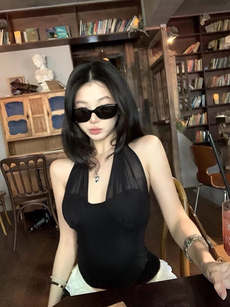 Round Neck Black Mesh Collar Top