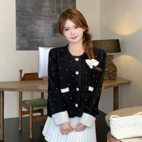 Mini Pearl Knitted Long Sleeve Cardigan Top (Black, White )