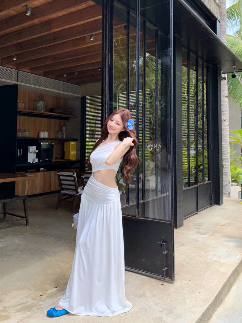 Side Waist Cut Long Dress (White, Red)