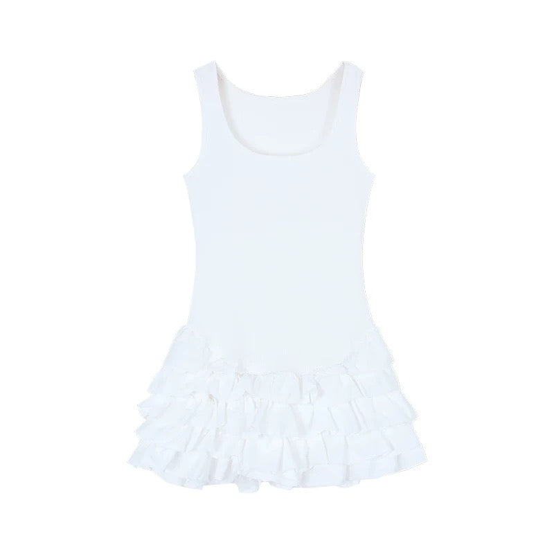 Sleeveless Cakey Bottom Dress (White, Black) S