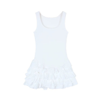 Sleeveless Cakey Bottom Dress (White, Black) S