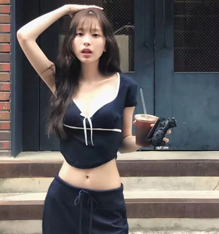 Navy Deep V Crop Top