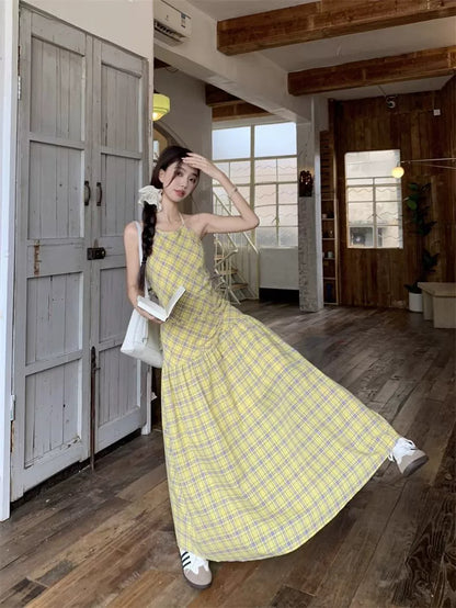 Grid Yellow Long Dress