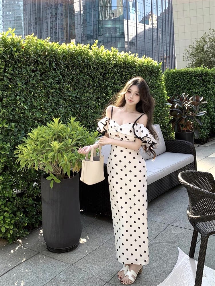 Polka Dot Off Shoulder Puff Sleeve Dress (S)