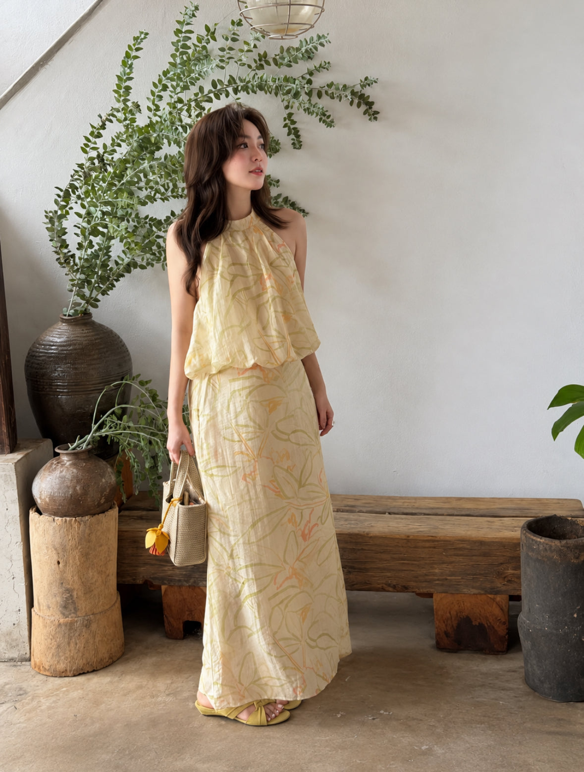 Yellow Floral Top + Long Skirt Two Piece Set