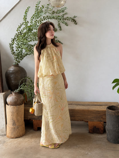 Yellow Floral Top + Long Skirt Two Piece Set