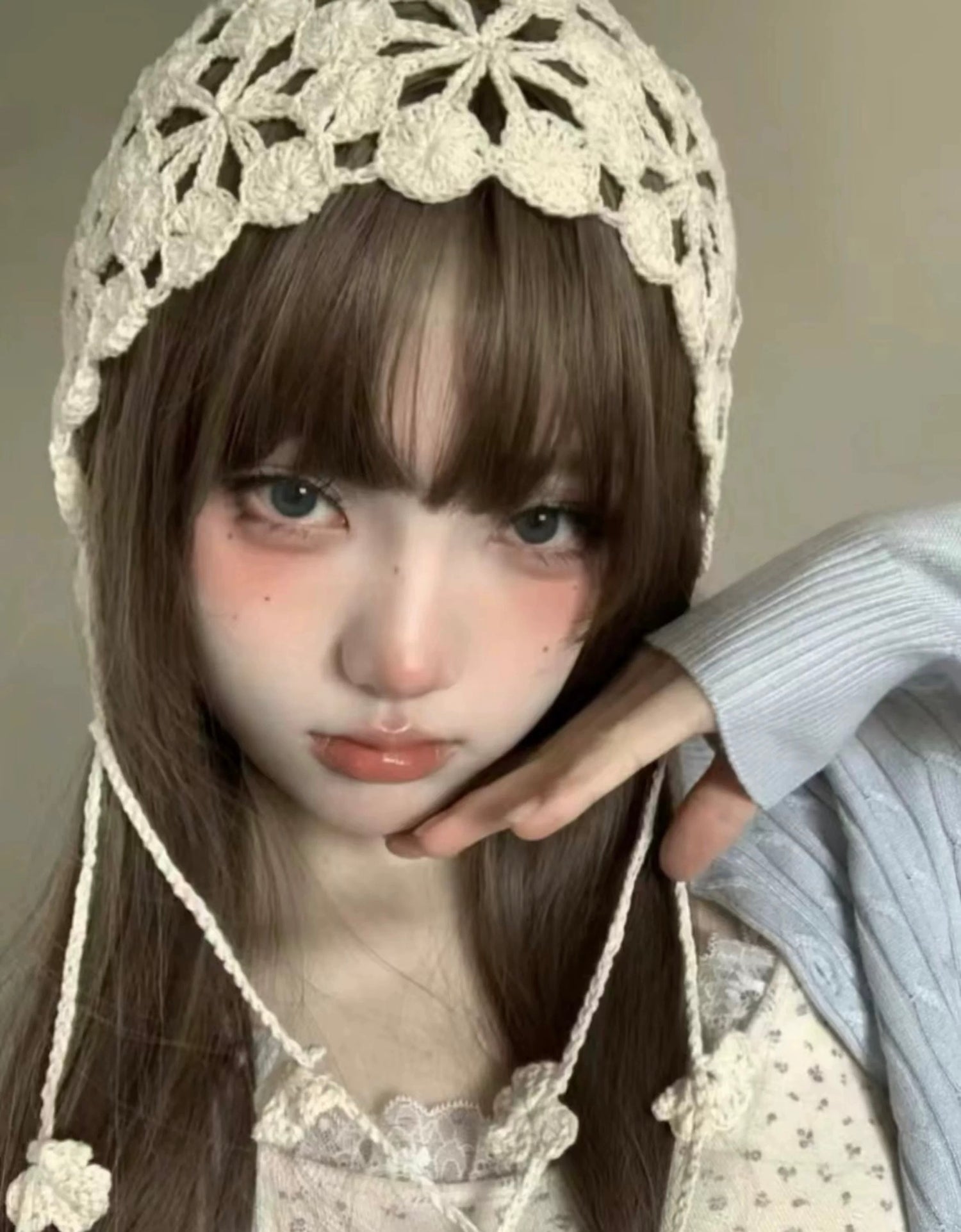 Beige Strap Knitted Embroidery Hat