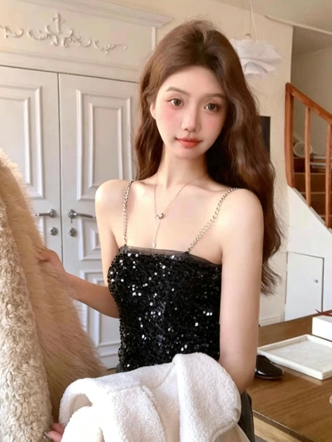 Shiny Strap Mesh Tube Top