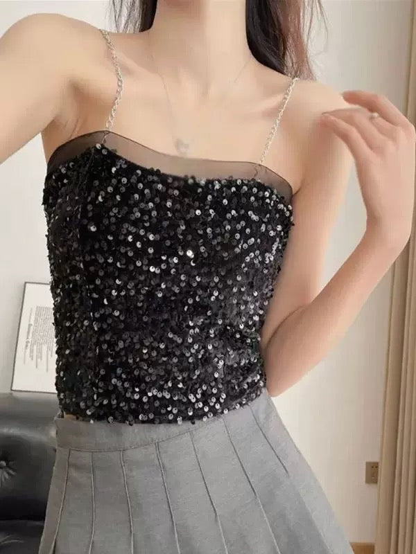 Shiny Strap Mesh Tube Top