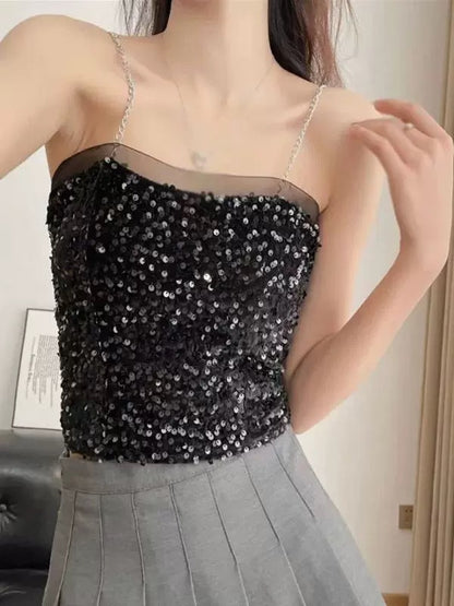 Shiny Strap Mesh Tube Top