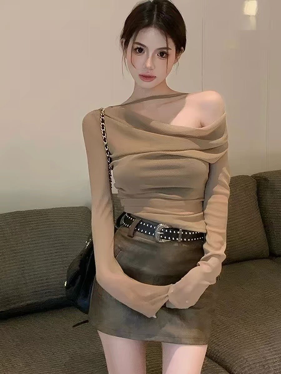 Mesh Off Side Shoulder Long Sleeve Top with tube