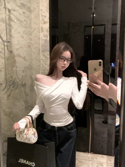 White Thin V Collar Long Sleeve Top