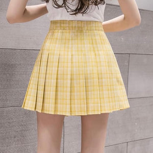 Grid Yellow High Waist Pleated Skirt (S)