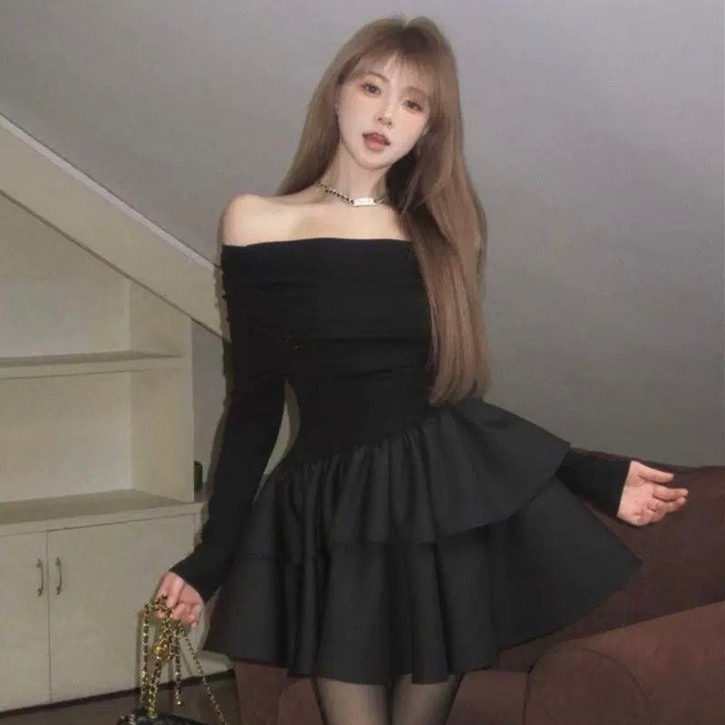 Off Shoulder Black Long Sleeve Top Unequal Dress