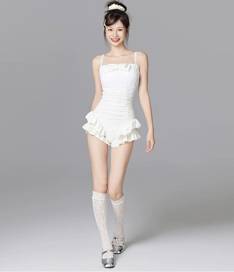 Cream Flower Lace Strap Swimsuits