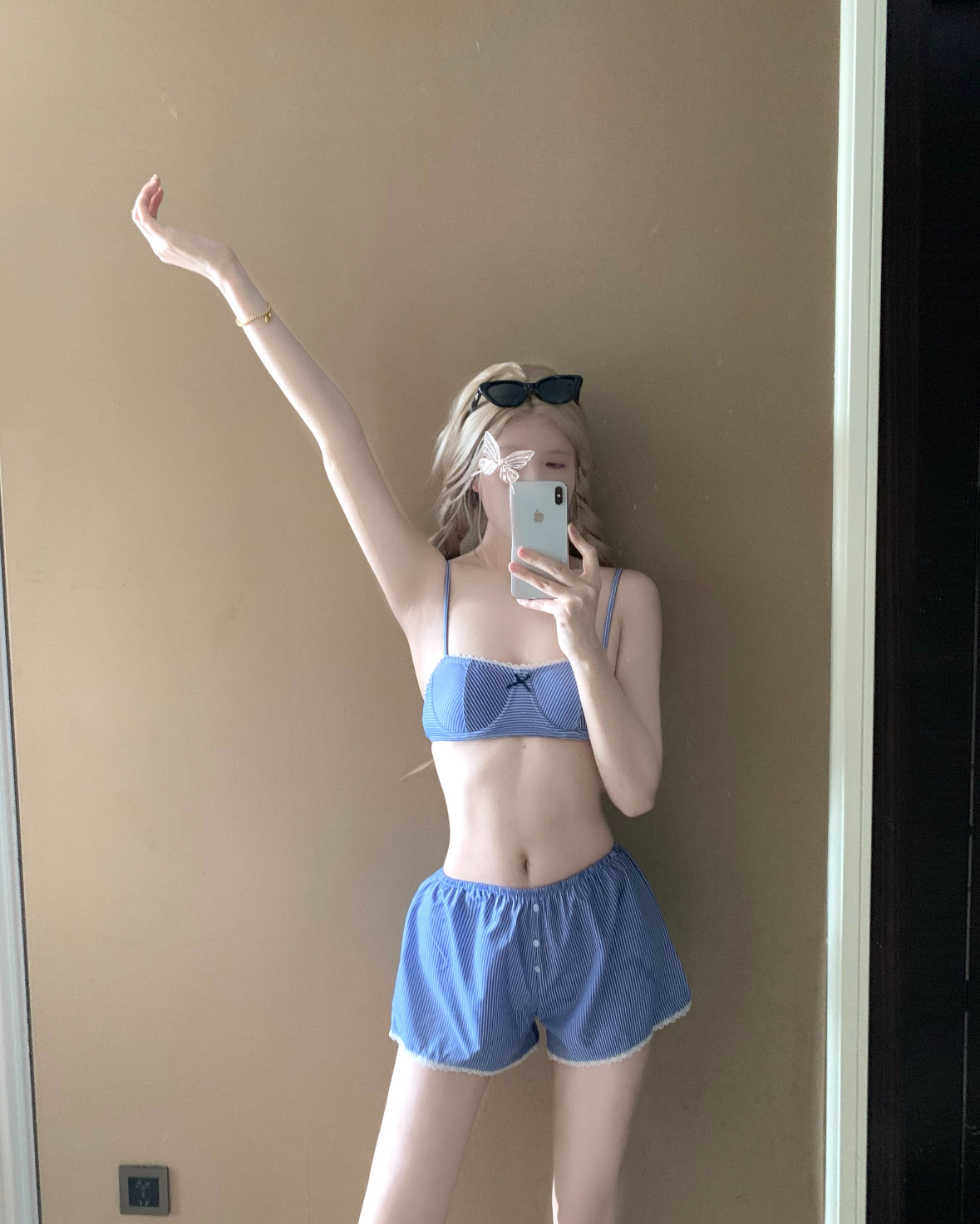 Blue Stripe Bikini + Shorts Two Pieces Set