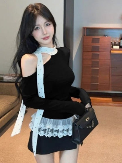 Polka Dots Off Size shoulder Long Sleeve Top